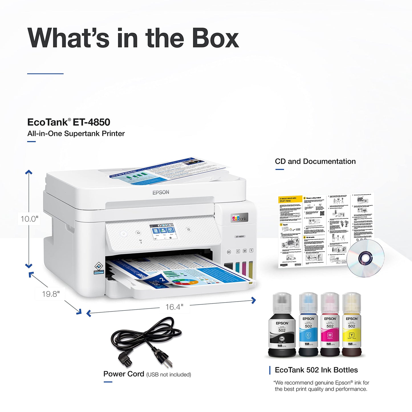 Epson EcoTank ET-4850 Wireless All-in-One Cartridge-Free Supertank Printer with Scanner, Copier, Fax, ADF and Ethernet – The Perfect Printer Office - White, Medium