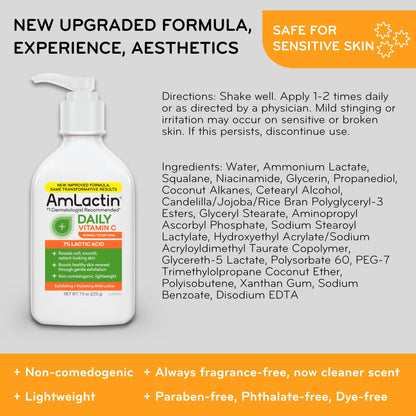 AmLactin Daily Vitamin C Lotion - 7.9 oz Body Lotion with 7% Lactic Acid - Skin-Brightening Exfoliator and Moisturizer for Dry Skin