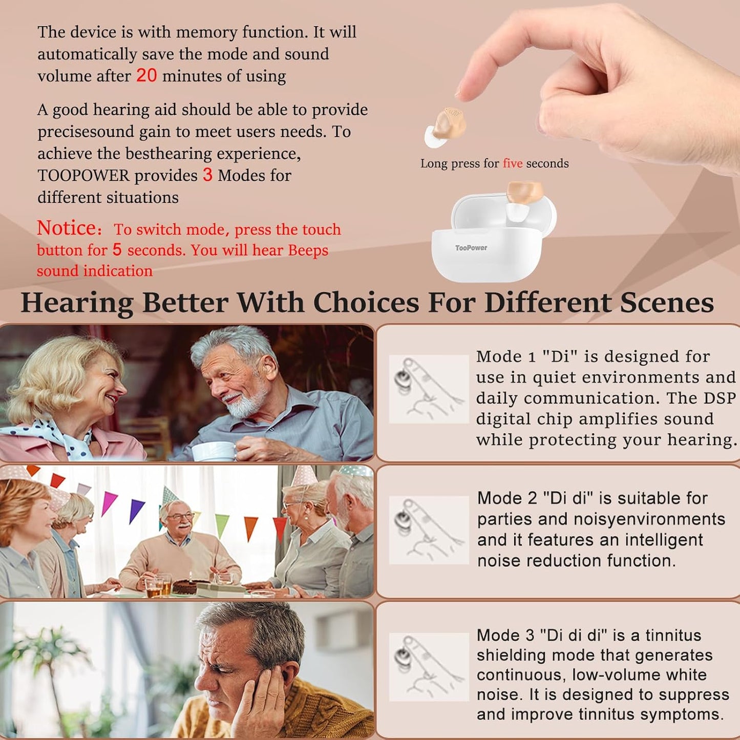 Hearing Aids for Seniors Rechargeable with Noise Cancelling,OTC Digital Devices for Super Nature Sound,3 Different Modes,Adjustable Volume in 5 Levels,Dual Microphone,No Whistling Sound