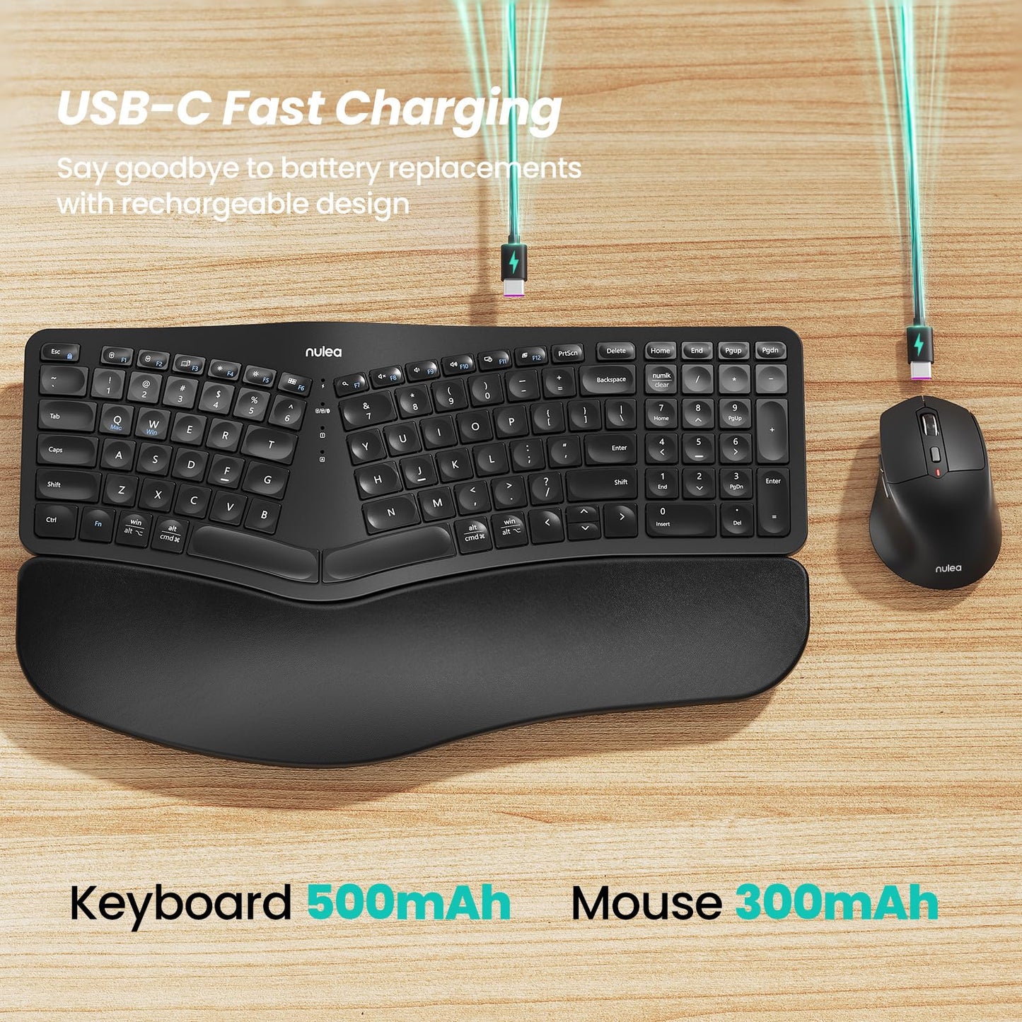 Nulea KM75 Advanced Ergonomic Wireless Keyboard and Mouse Combo, Comfortable Natural Typing, Palm Rest, Multi-Device (Bluetooth, 2.4G, Wired), Rechargeable, for Multi-OS, Windows, Mac, Android(Grey)