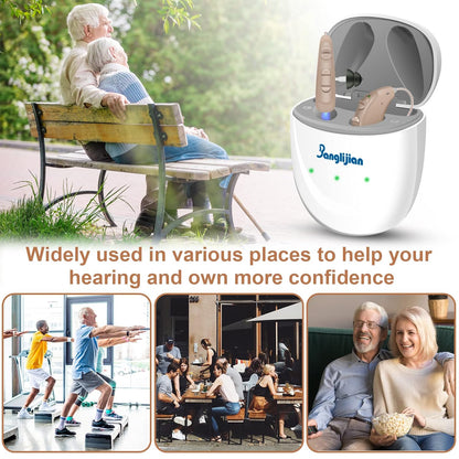 Rechargeable Hearing Aids for Seniors: 16-Channel Digital Small BTE OTC Hearing Aid (Not Amplifier) with Intelligent Noise Cancelling for Women & Men (Pair, Beige)