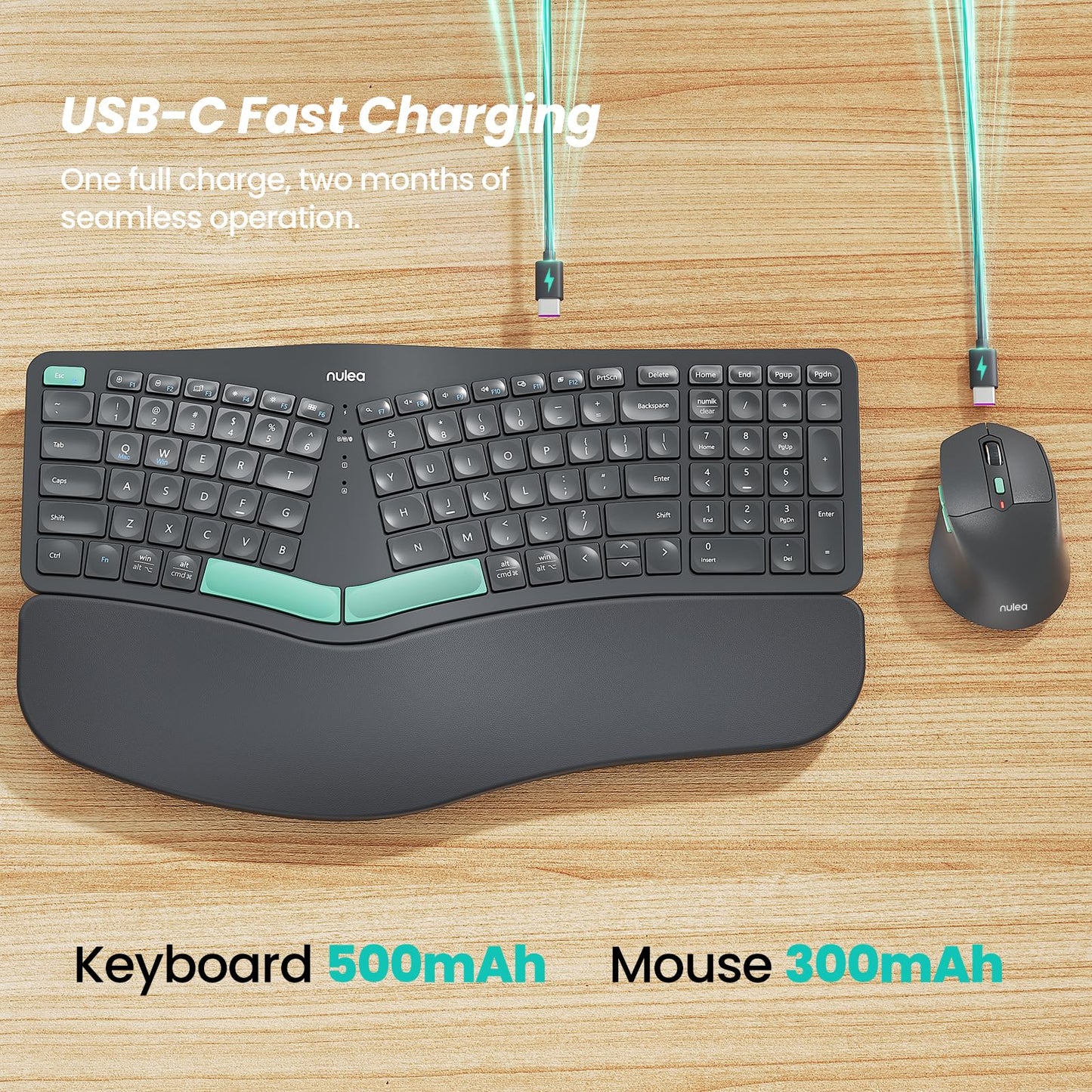 Nulea KM75 Advanced Ergonomic Wireless Keyboard and Mouse Combo, Comfortable Natural Typing, Palm Rest, Multi-Device (Bluetooth, 2.4G, Wired), Rechargeable, for Multi-OS, Windows, Mac, Android(Grey)