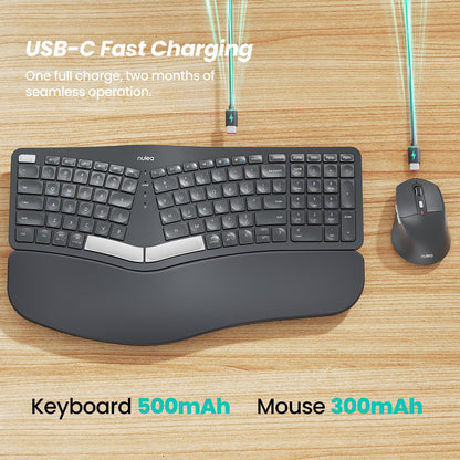 Nulea KM75 Advanced Ergonomic Wireless Keyboard and Mouse Combo, Comfortable Natural Typing, Palm Rest, Multi-Device (Bluetooth, 2.4G, Wired), Rechargeable, for Multi-OS, Windows, Mac, Android(Grey)