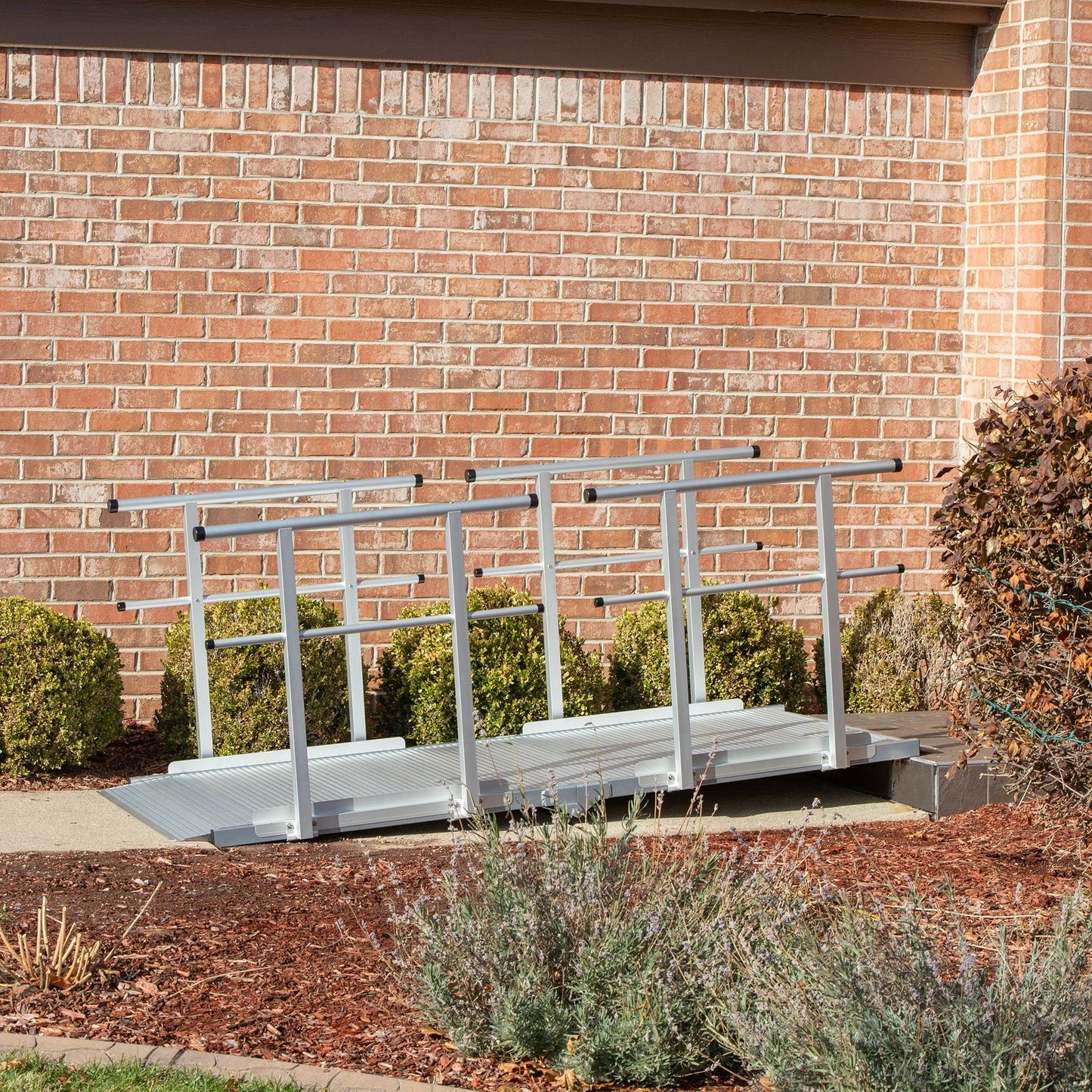 10' L Silver Spring Folding Aluminum Mobility Ramp with Dual Handrails, 850 lb. Capacity, 2" Siderails, Textured Traction, Scooter or Wheelchair Access