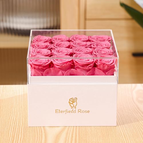 Eterfield Forever Flowers Preserved Flowers for Delivery Prime 16-Piece Pink Roses That Last a Year for Mom Gifts for Her Valentines Day (Square White Box)