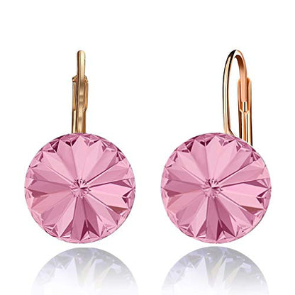 Austrian Crystal Round Drop Earrings for Women 14K Gold Plated Hypoallergenic Leverback Hoop Earrings (Pink)