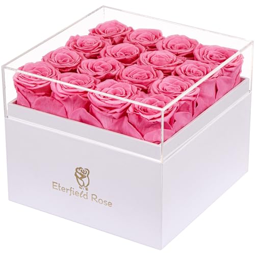 Eterfield Forever Flowers Preserved Flowers for Delivery Prime 16-Piece Pink Roses That Last a Year for Mom Gifts for Her Valentines Day (Square White Box)