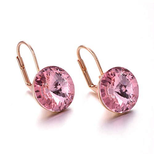 Austrian Crystal Round Drop Earrings for Women 14K Gold Plated Hypoallergenic Leverback Hoop Earrings (Pink)