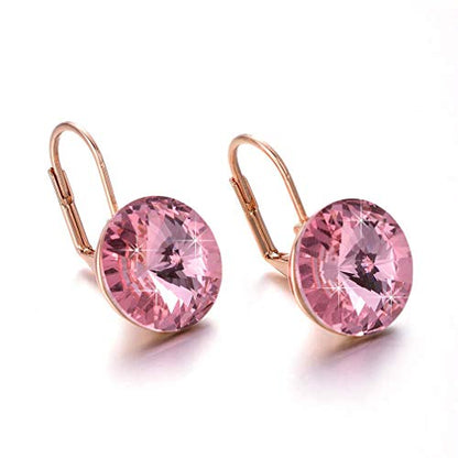 Austrian Crystal Round Drop Earrings for Women 14K Gold Plated Hypoallergenic Leverback Hoop Earrings (Pink)