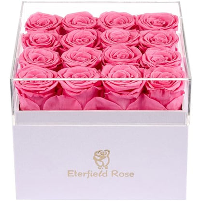 Eterfield Forever Flowers Preserved Flowers for Delivery Prime 16-Piece Pink Roses That Last a Year for Mom Gifts for Her Valentines Day (Square White Box)