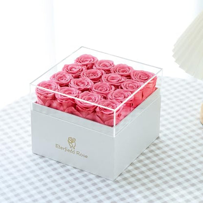 Eterfield Forever Flowers Preserved Flowers for Delivery Prime 16-Piece Pink Roses That Last a Year for Mom Gifts for Her Valentines Day (Square White Box)