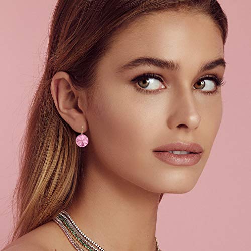 Austrian Crystal Round Drop Earrings for Women 14K Gold Plated Hypoallergenic Leverback Hoop Earrings (Pink)