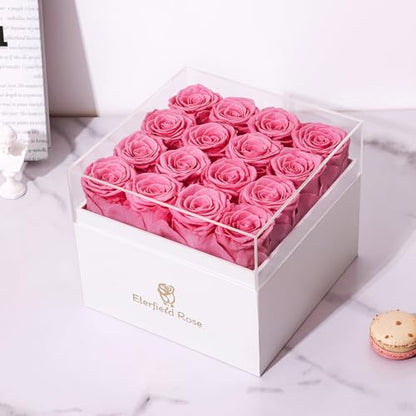 Eterfield Forever Flowers Preserved Flowers for Delivery Prime 16-Piece Pink Roses That Last a Year for Mom Gifts for Her Valentines Day (Square White Box)