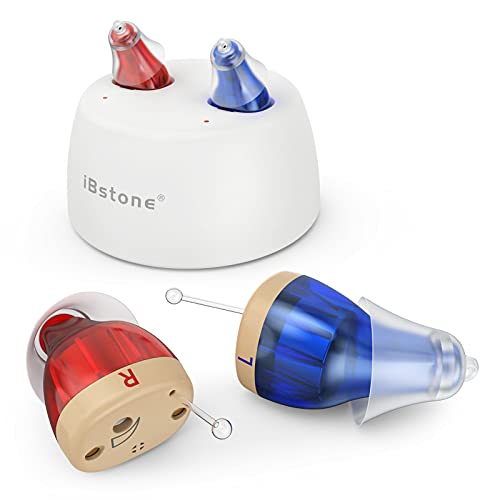 Hearing Aids, iBstone K17 Rechargeable Hearing Aids to Assist Hearing for Seniors & Adults, Mini Completely-in-Canal Digital Hearing Devices with Noise Cancellation, OTC, Pair (Blue & Red)