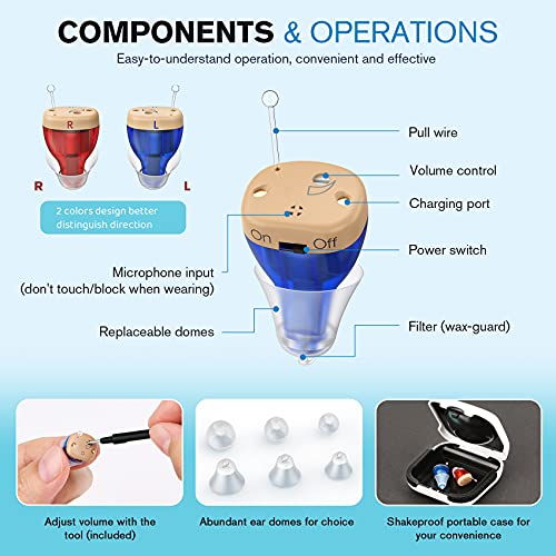 Hoortoestellen, iBstone K17 oplaadbare hoortoestellen ter ondersteuning van het gehoor voor senioren en volwassenen, mini volledig in het kanaal geïntegreerde digitale hoortoestellen met ruisonderdrukking, OTC, paar (blauw en rood)