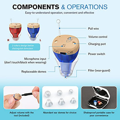 Hoortoestellen, iBstone K17 oplaadbare hoortoestellen ter ondersteuning van het gehoor voor senioren en volwassenen, mini volledig in het kanaal geïntegreerde digitale hoortoestellen met ruisonderdrukking, OTC, paar (blauw en rood)