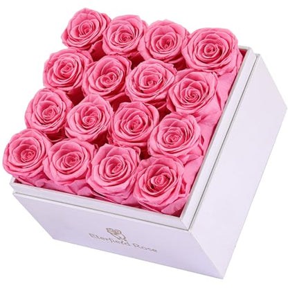 Eterfield Forever Flowers Preserved Flowers for Delivery Prime 16-Piece Pink Roses That Last a Year for Mom Gifts for Her Valentines Day (Square White Box)