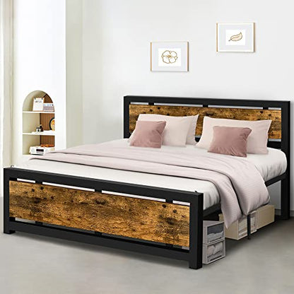 Aqgrj Queen Bed Frame, Platform Bed Frame with Headboard and Steel Sturdy Slat Strong Support Legs, Noise-Free No Box Spring Needed, Easy Assembly-Brown