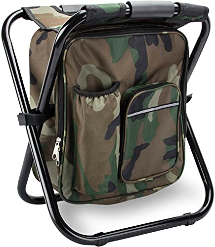 Kikerike Portable Stool Backpack Cooler Chair 400 LBS Max Load Folding Fishing Cooler Backpack Stool for Outdoors Hiking Beach Travel - Army Green