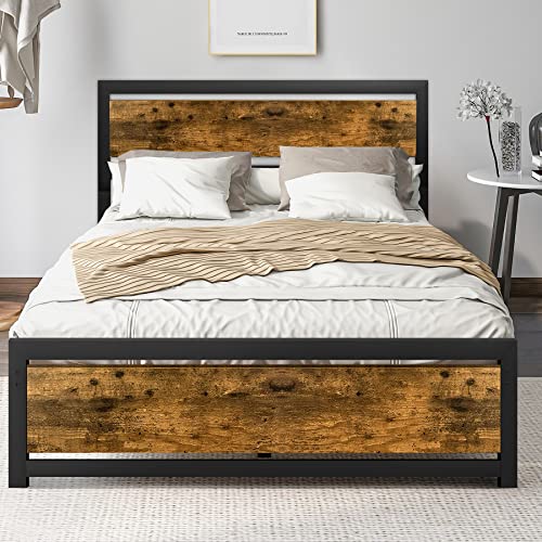 Aqgrj Queen Bed Frame, Platform Bed Frame with Headboard and Steel Sturdy Slat Strong Support Legs, Noise-Free No Box Spring Needed, Easy Assembly-Brown