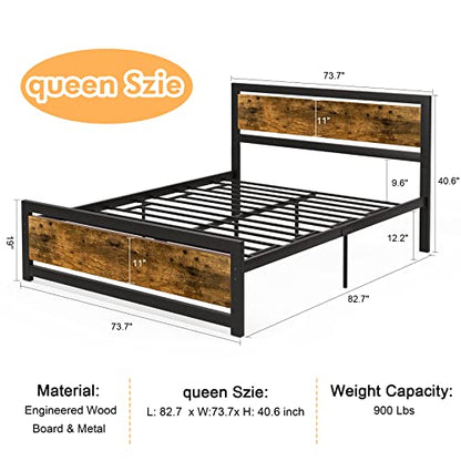 Aqgrj Queen Bed Frame, Platform Bed Frame with Headboard and Steel Sturdy Slat Strong Support Legs, Noise-Free No Box Spring Needed, Easy Assembly-Brown