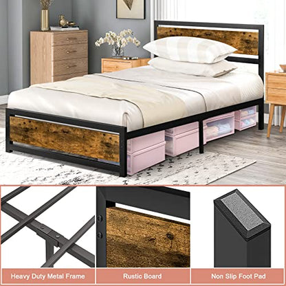 Aqgrj Queen Bed Frame, Platform Bed Frame with Headboard and Steel Sturdy Slat Strong Support Legs, Noise-Free No Box Spring Needed, Easy Assembly-Brown