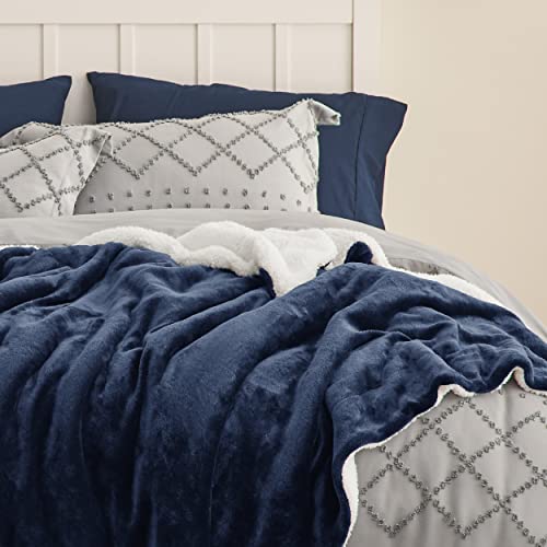 Bedsure Sherpa Fleece Queen Size Blankets for Bed - Thick and Warm for Winter, Soft and Fuzzy Fall Blanket , Navy, 90x90 Inches