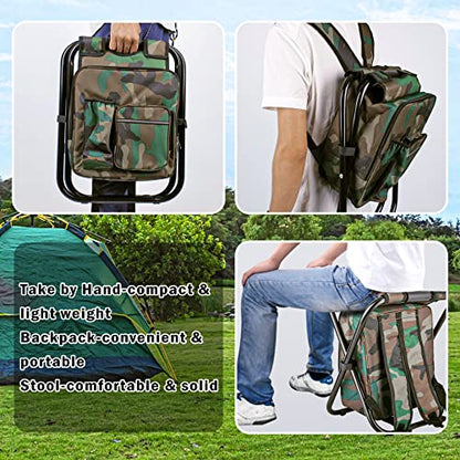 Kikerike Portable Stool Backpack Cooler Chair 400 LBS Max Load Folding Fishing Cooler Backpack Stool for Outdoors Hiking Beach Travel - Army Green