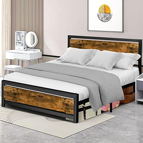 Aqgrj Queen Bed Frame, Platform Bed Frame with Headboard and Steel Sturdy Slat Strong Support Legs, Noise-Free No Box Spring Needed, Easy Assembly-Brown