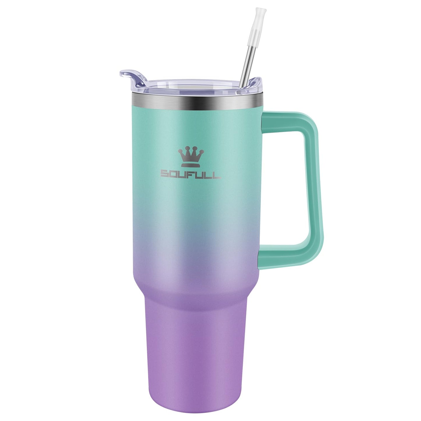 40 oz Tumbler with Handle and Straw Lid, 100% Leak-proof Travel Coffee Mug, Stainless Steel Insulated Cup for Hot Cold Beverages, Keeps Cold for 34Hrs or Hot for 10Hrs, Dishwasher Safe (GreenPurple)