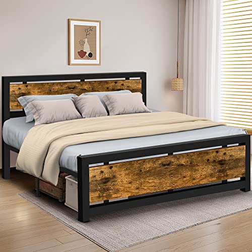 Aqgrj Queen Bed Frame, Platform Bed Frame with Headboard and Steel Sturdy Slat Strong Support Legs, Noise-Free No Box Spring Needed, Easy Assembly-Brown