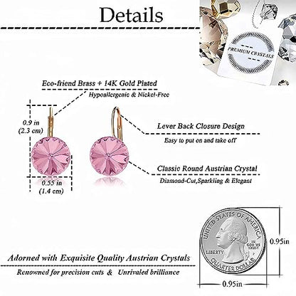 Austrian Crystal Round Drop Earrings for Women 14K Gold Plated Hypoallergenic Leverback Hoop Earrings (Pink)