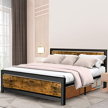 Aqgrj Queen Bed Frame, Platform Bed Frame with Headboard and Steel Sturdy Slat Strong Support Legs, Noise-Free No Box Spring Needed, Easy Assembly-Brown