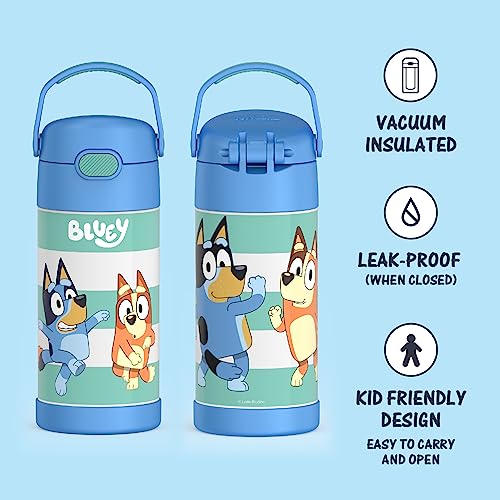 THERMOS FUNTAINER 12 Ounce Stainless Steel Vacuum Insulated Kids Straw Bottle, Bluey