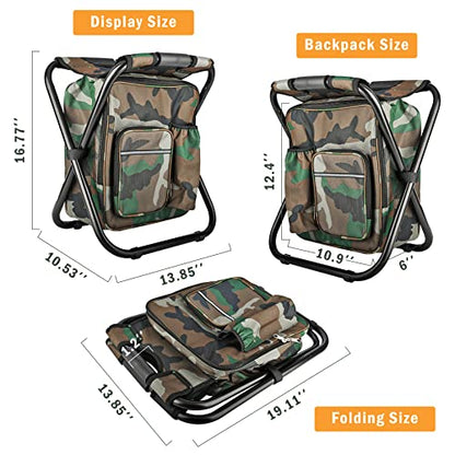 Kikerike Portable Stool Backpack Cooler Chair 400 LBS Max Load Folding Fishing Cooler Backpack Stool for Outdoors Hiking Beach Travel - Army Green