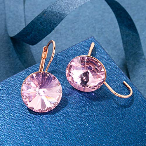 Austrian Crystal Round Drop Earrings for Women 14K Gold Plated Hypoallergenic Leverback Hoop Earrings (Pink)