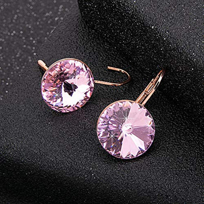 Austrian Crystal Round Drop Earrings for Women 14K Gold Plated Hypoallergenic Leverback Hoop Earrings (Pink)