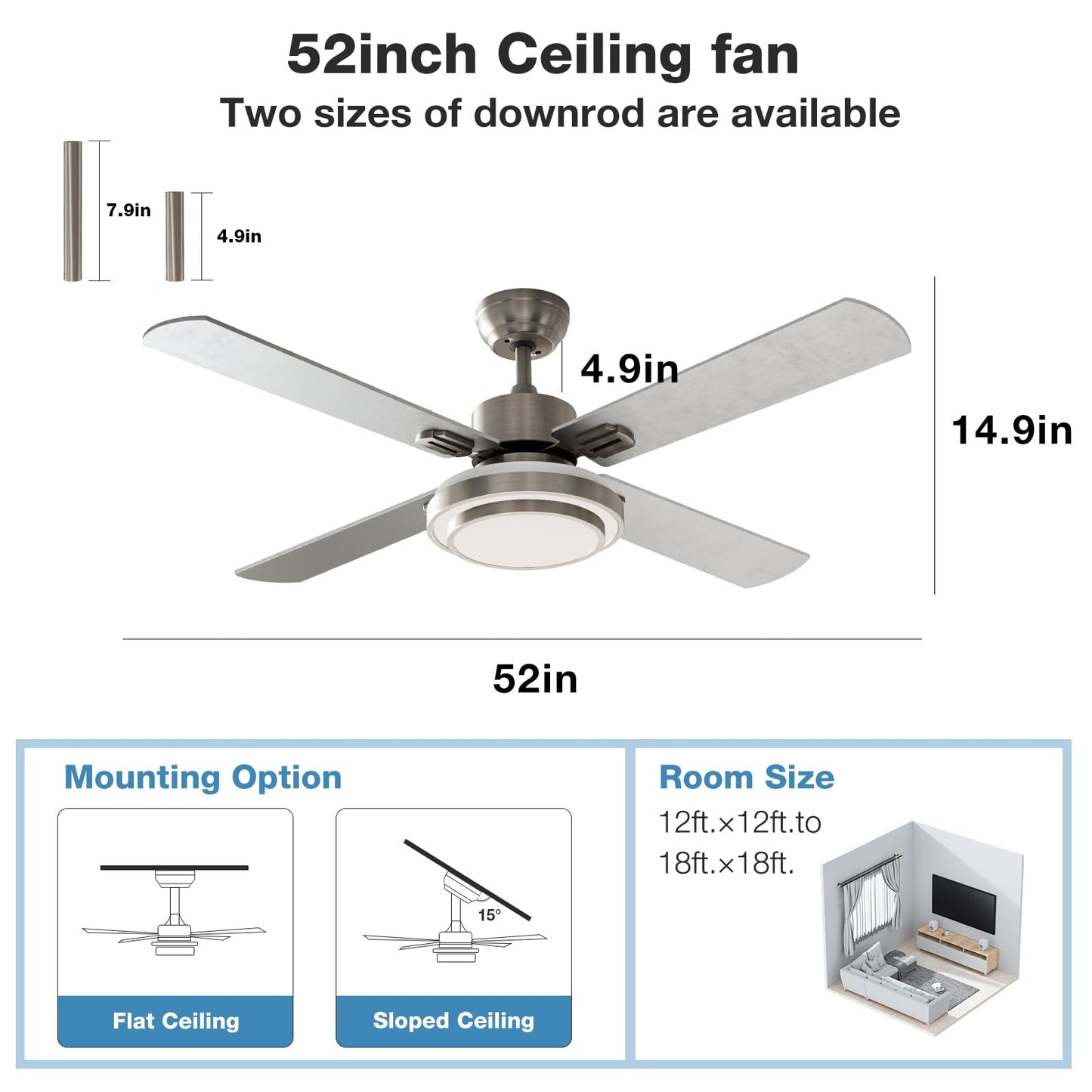 warmiplanet Ceiling Fan with Lights Remote Control, 52 Inch, Brushed Nickel Motor (4-Blades)