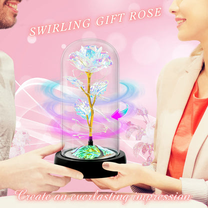 Childom Rotating Valentines Day Gifts for Her,Birthday Gifts for Women,Valentines Rose Flower,Light Up Rose in Glass Dome,Spinning Colorful Artificial Preserved Flowers Gifts for Mom,Wife,Anniversary