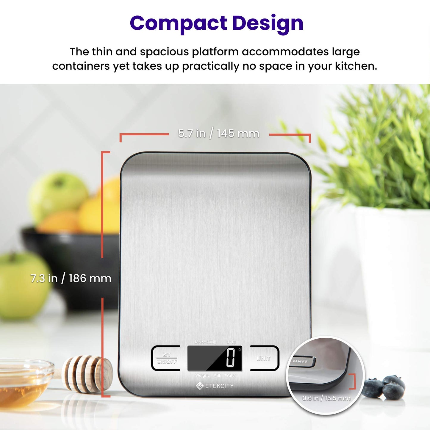 Etekcity Food Scale, Digital Kitchen Scale, 304 Stainless Steel, Weight in Grams and Ounces for Baking, Cooking, and Meal Prep, LCD Display, Medium