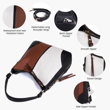 Realer Hobo Crossbody Bags for Women Contrast Color Designer Leather Hobo Handbags Retro Large Size Shoulder Bag Bucket Purse