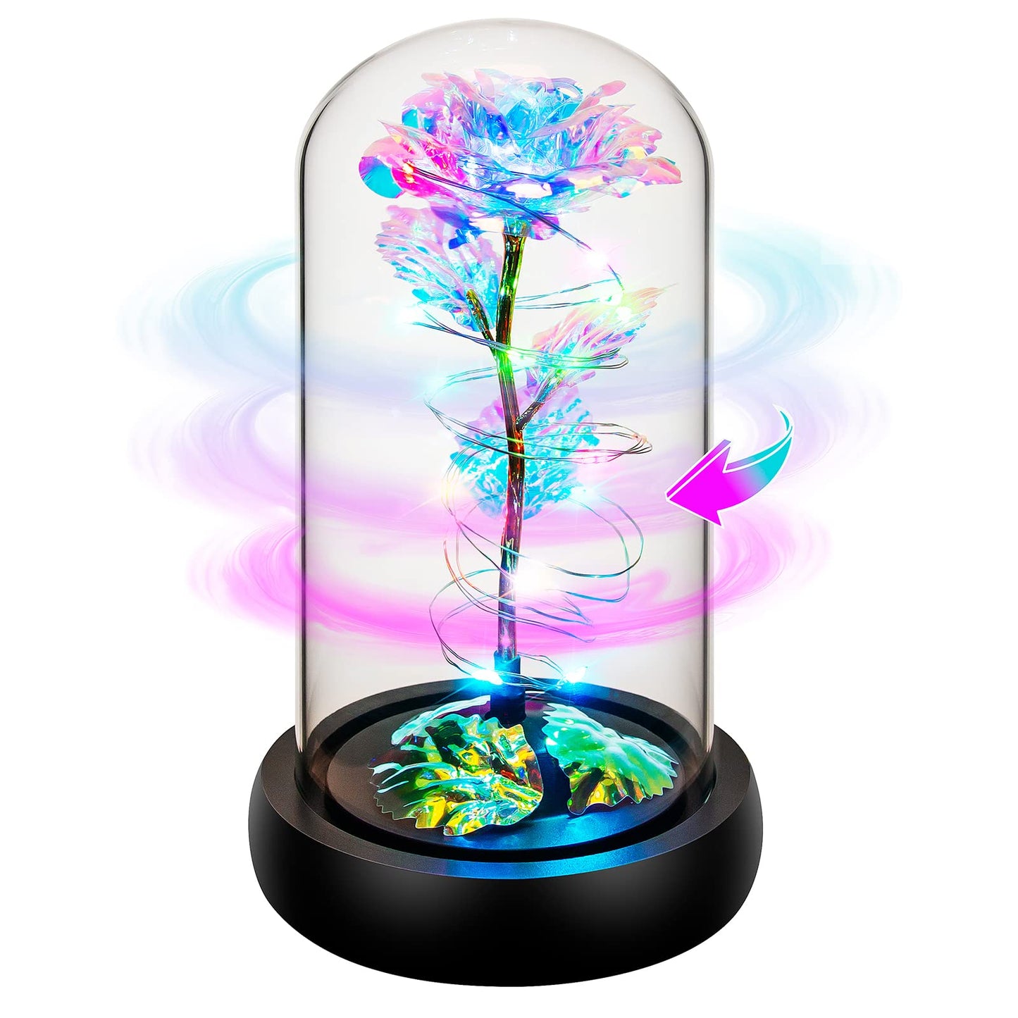 Childom Rotating Valentines Day Gifts for Her,Birthday Gifts for Women,Valentines Rose Flower,Light Up Rose in Glass Dome,Spinning Colorful Artificial Preserved Flowers Gifts for Mom,Wife,Anniversary