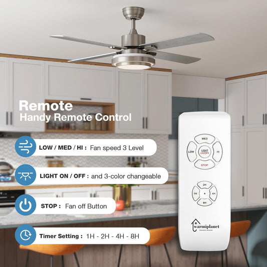 warmiplanet Ceiling Fan with Lights Remote Control, 52 Inch, Brushed Nickel Motor (4-Blades)