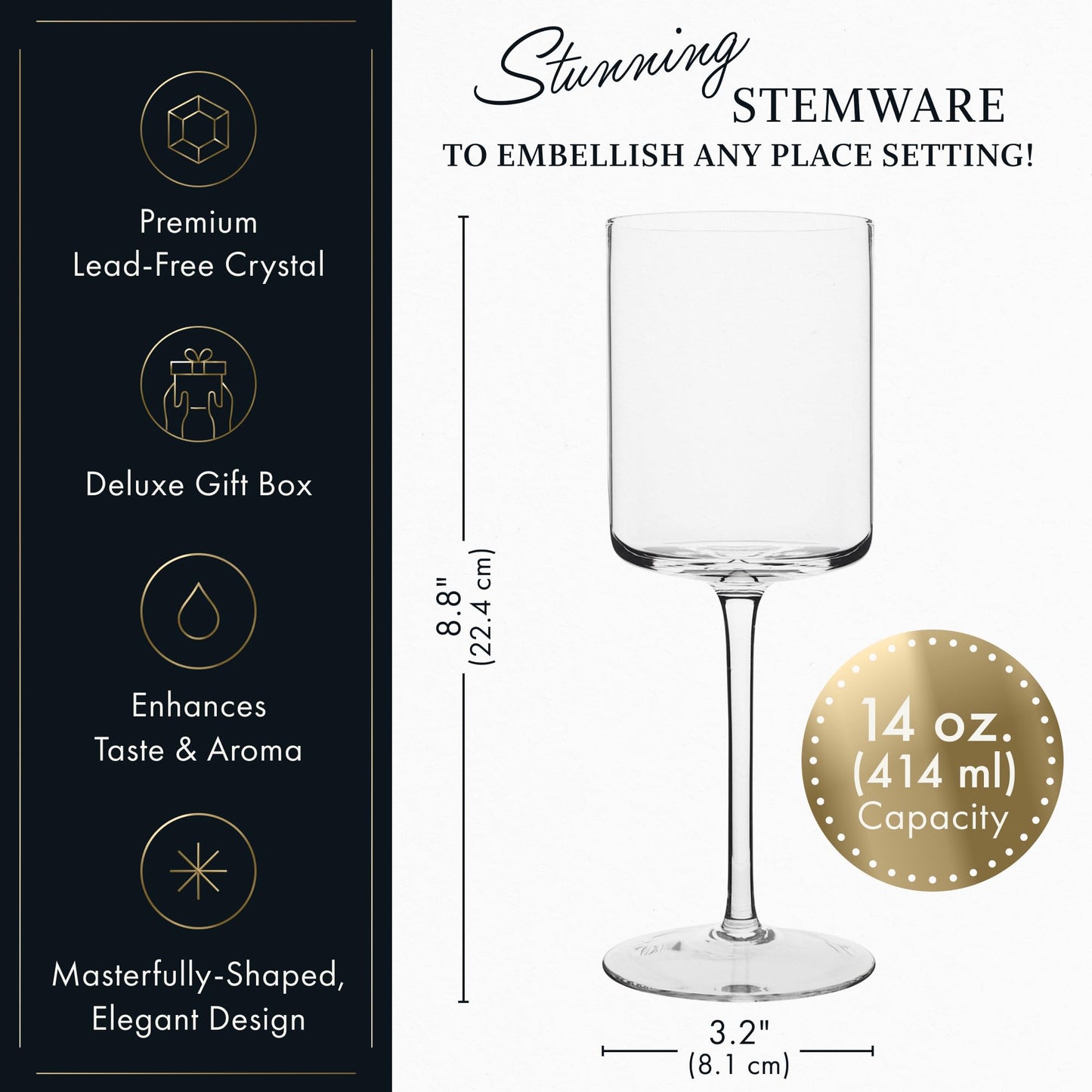 Square Wine Glasses Set of 4 - Crystal Wine Glasses 14oz in Gift Packaging - Large Red Wine Glass on Long Stem - Unique Modern Shape - Lead-Free - For White & Red Wine