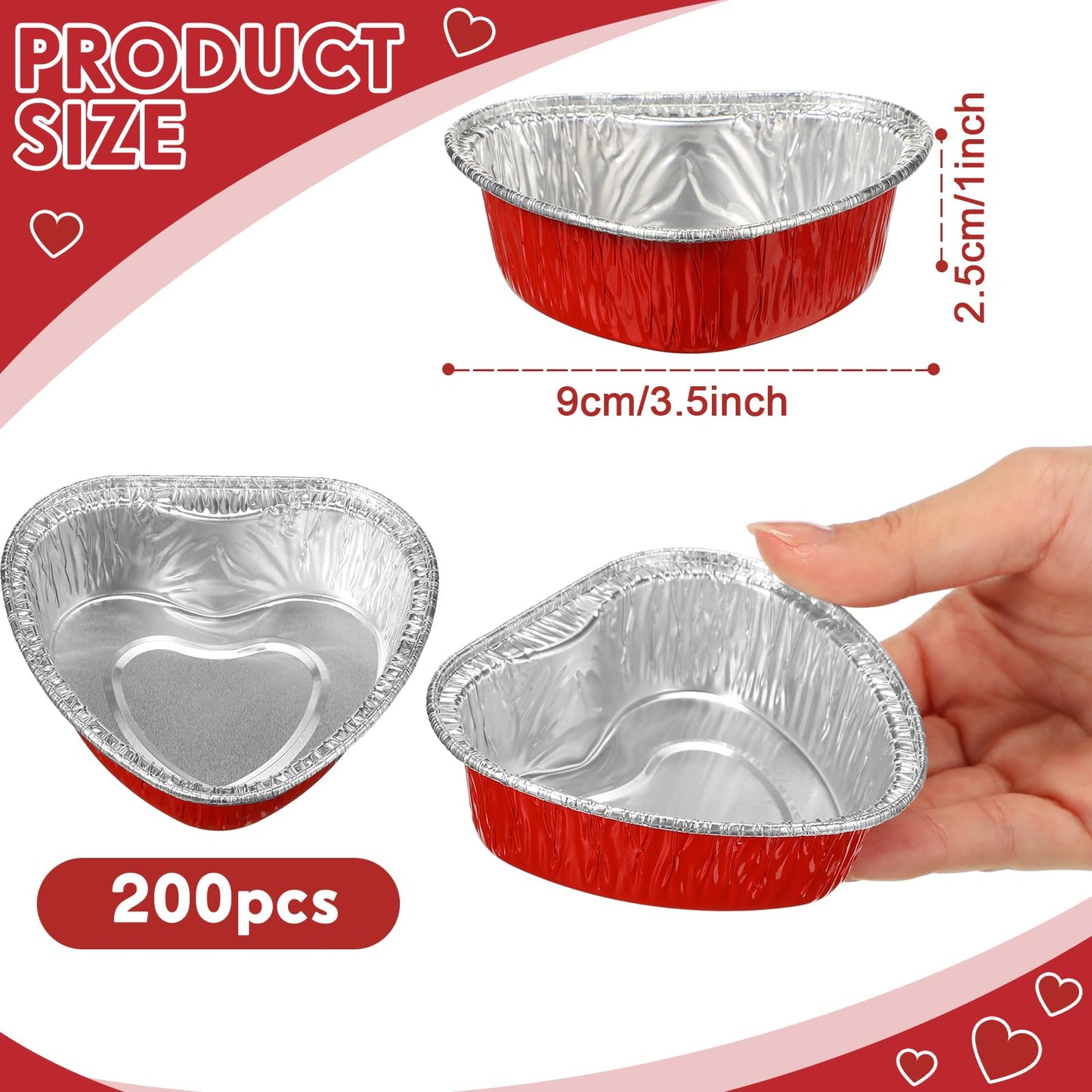 Honeydak Heart Shaped Cake Pans Valentine's Day Aluminum Foil Cupcake Cups Mini Heart Cake Liners Disposable Baking Tins for Wedding Anniversary Dessert Quiche Ramekin Pudding(100 ml, 200 Pcs)