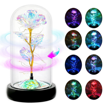 Childom Rotating Valentines Day Gifts for Her,Birthday Gifts for Women,Valentines Rose Flower,Light Up Rose in Glass Dome,Spinning Colorful Artificial Preserved Flowers Gifts for Mom,Wife,Anniversary