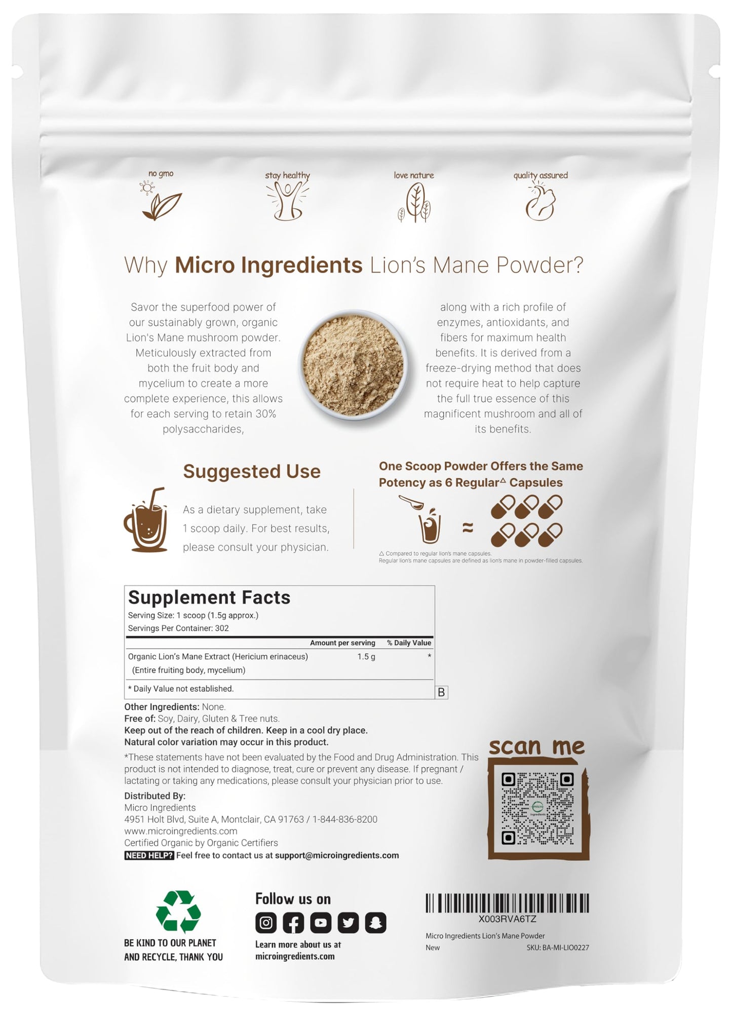 Micro Ingredients Organic Lions Mane Mushroom Supplement Powder 16 Ounce | Sustainably US Grown Nootropic for Mental Clarity Energy & Immune Support | Non-GMO Vegan