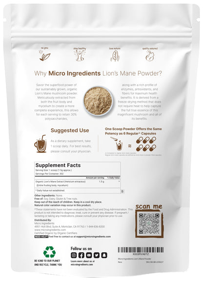 Micro Ingredients Organic Lions Mane Mushroom Supplement Powder 16 Ounce | Sustainably US Grown Nootropic for Mental Clarity Energy & Immune Support | Non-GMO Vegan