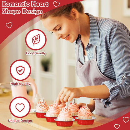 Honeydak Heart Shaped Cake Pans Valentine's Day Aluminum Foil Cupcake Cups Mini Heart Cake Liners Disposable Baking Tins for Wedding Anniversary Dessert Quiche Ramekin Pudding(100 ml, 200 Pcs)