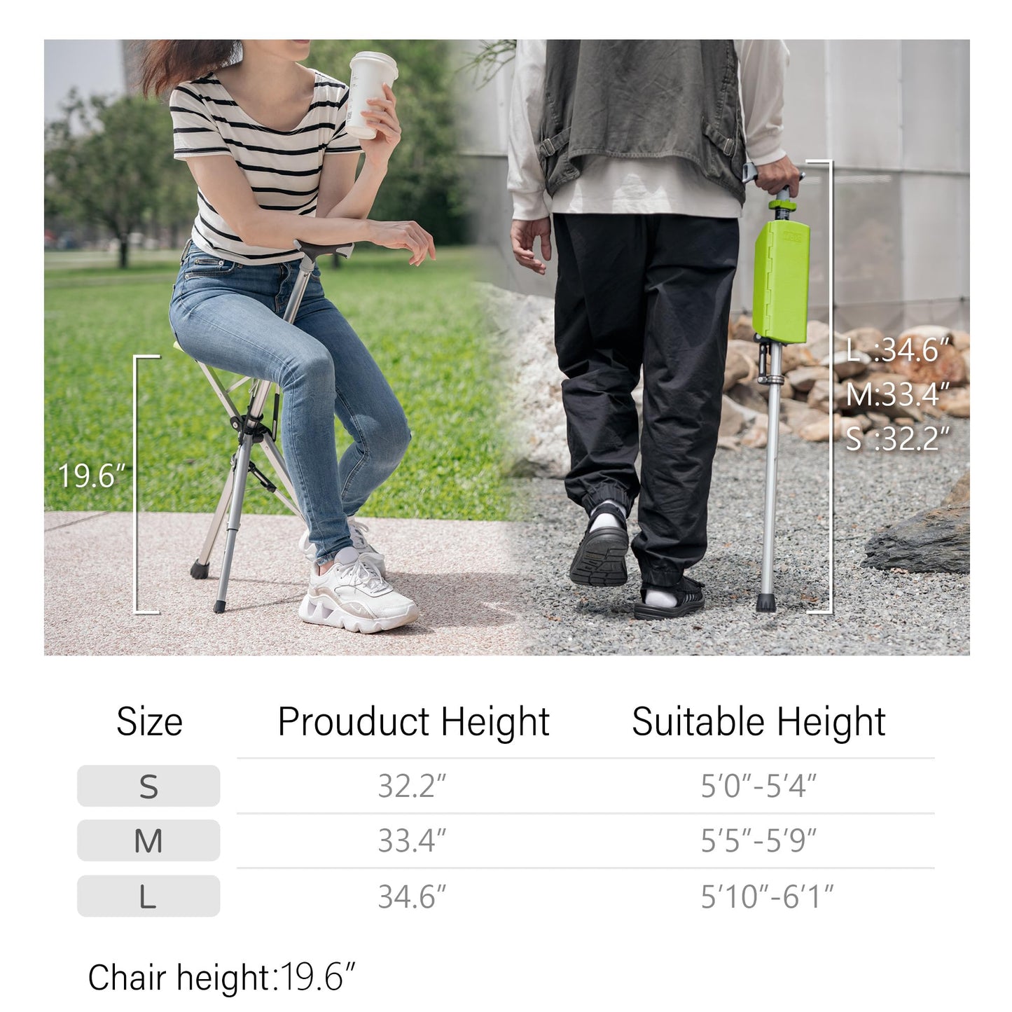 STEP2GOLD Ta-Da Chair, Portable Trekking Hiking Pole, Folding Walking Stick with Seat, Walking Cane with Chair, Foldable Chair, Lightweight Aluminum, Easy Carry and Storage, Anti-Slip (33.4")